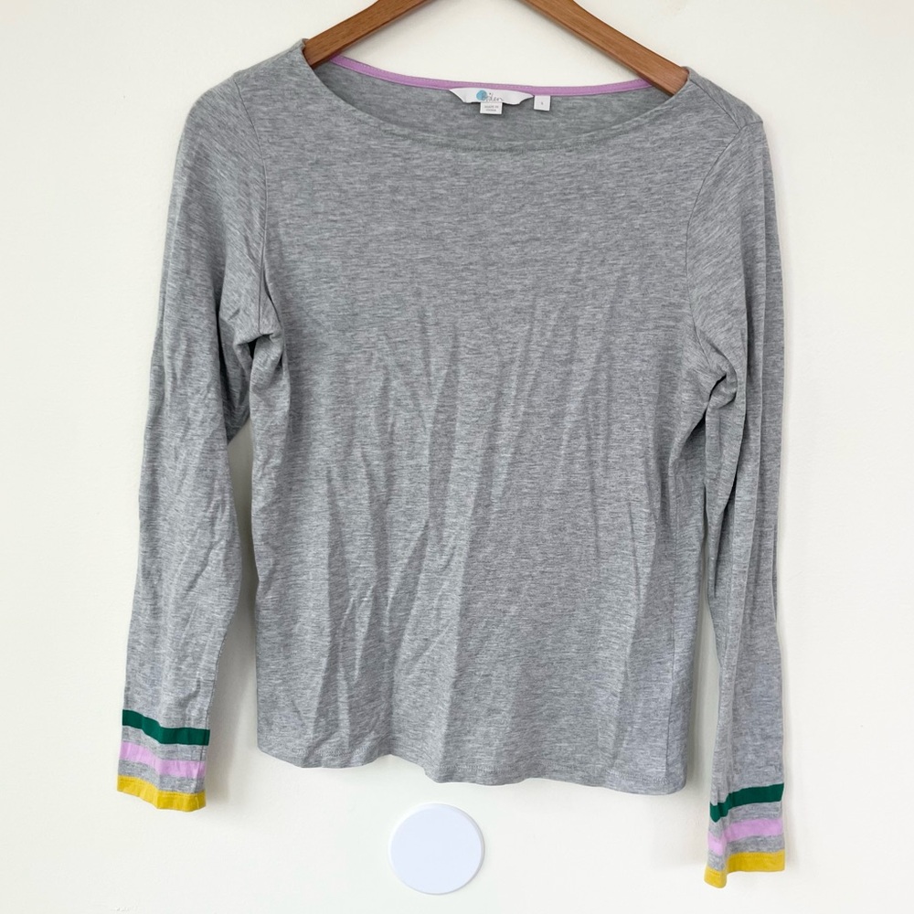 Boden Striped Detail Boatneck Long Sleeve Modal Cotton Top S Small Grey